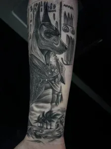 Black and grey Egyptian realism sleeve at Legendary Tattoos in Las Vegas, Nevada