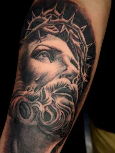 Black and Grey Realism Tattoo of Jesus by Legendary Tattoos in Las Vegas.