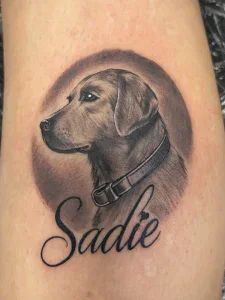 Black and grey pet portrait with name “Sadie” tattoo at Legendary Tattoos in Las Vegas, Nevada